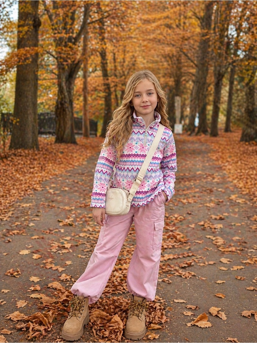 Girls Pink Fair Isle Zip-Up Sweater